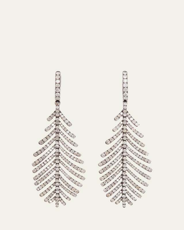 18K White Gold with Black Rhodium Pave Plume Earrings with Gray Diamonds